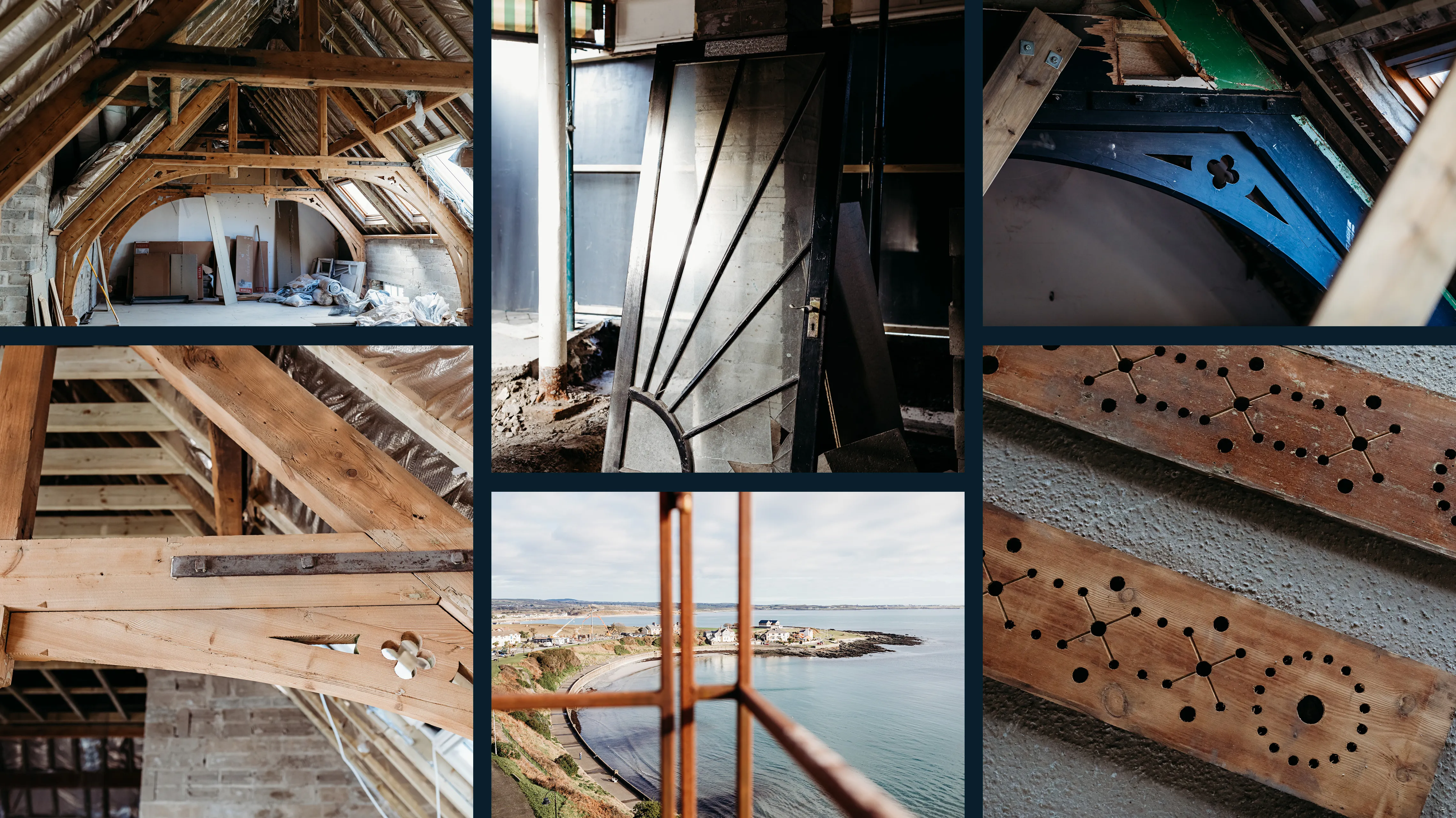 A grid of photographs representing Kella's restaurant and its Isle of Man setting, including coastal scenery, architectural ironwork details, harbour views, and warm interior shots.
